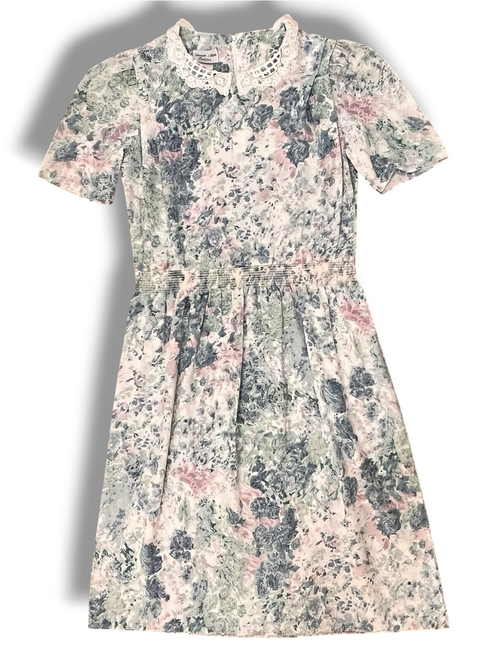 VTG 80s Stuart Alan Petites 14 Pink Pastel Floral Lace Collar Knee Length Dress